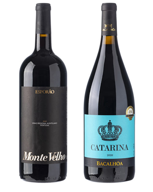 garrafas magnum de vinho tinto Monte Velho e Catarina